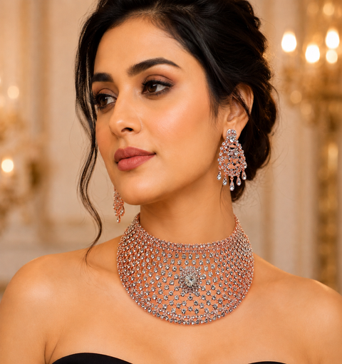Rosegold & Silver Jerkan Stone Beautiful Necklace Set (slight variations in design and color is possible)