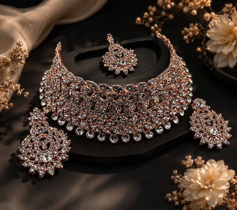 Rosegold & Silver Jerkan Stone Beautiful Necklace Set (slight variations in design and color is possible)