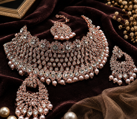 Rosegold & Silver Jerkan Stone Beautiful Necklace Set (slight variations in design and color is possible)