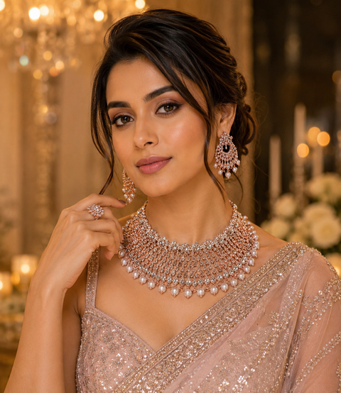 Rosegold & Silver Jerkan Stone Beautiful Necklace Set (slight variations in design and color is possible)