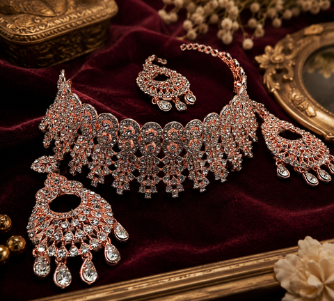 Rosegold & Silver Jerkan Stone Beautiful Necklace Set (slight variations in design and color is possible)