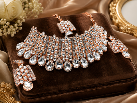 Rosegold & Silver Jerkan Stone Beautiful Necklace Set (slight variations in design and color is possible)