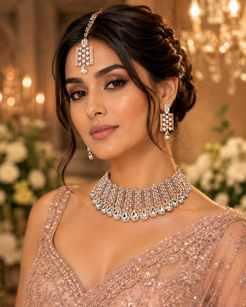 Rosegold & Silver Jerkan Stone Beautiful Necklace Set (slight variations in design and color is possible)