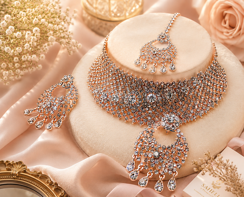 Rosegold & Silver Jerkan Stone Beautiful Necklace Set (slight variations in design and color is possible)