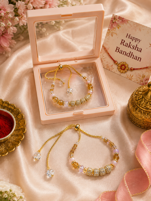 Beautiful Bhabhi Rakhi Bracelet featuring elegant pearl detailing, golden accents and delicate beads. A stylish and graceful Raksha Bandhan piece for your Bhabhi.