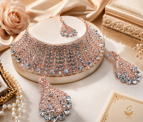 Rosegold & Silver Jerkan Stone Beautiful Necklace Set ( slight variations in color and design is possible)