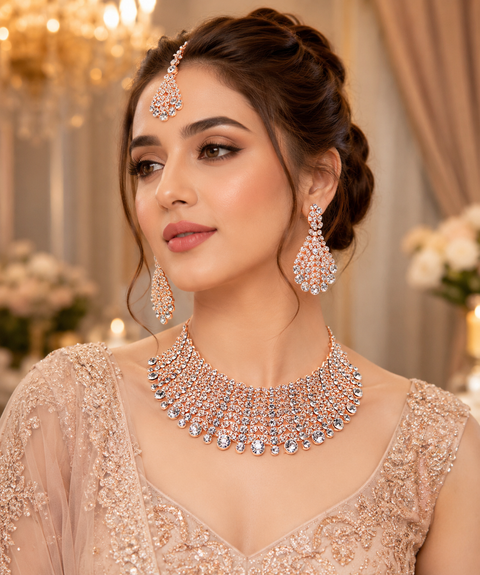 Rosegold & Silver Jerkan Stone Beautiful Necklace Set ( slight variations in color and design is possible)