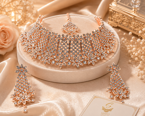 Rosegold & Silver Jerkan Stone Beautiful Necklace Set ( slight variations in color and design is possible)