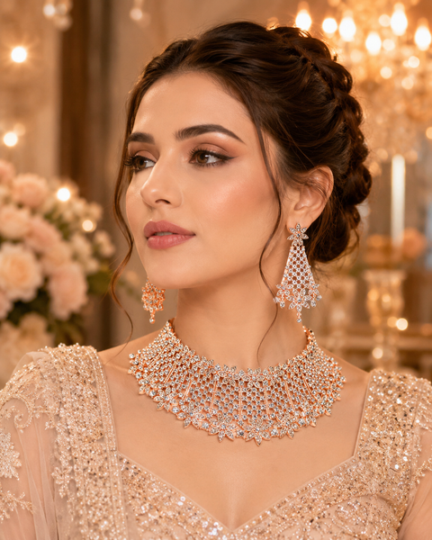 Rosegold & Silver Jerkan Stone Beautiful Necklace Set ( slight variations in color and design is possible)