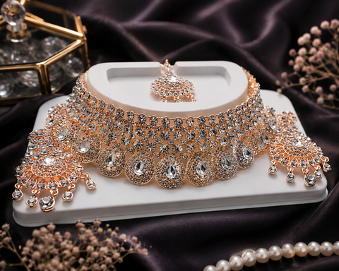 Rosegold & Silver Jerkan Stone Beautiful Necklace Set ( slight variations in color and design is possible)