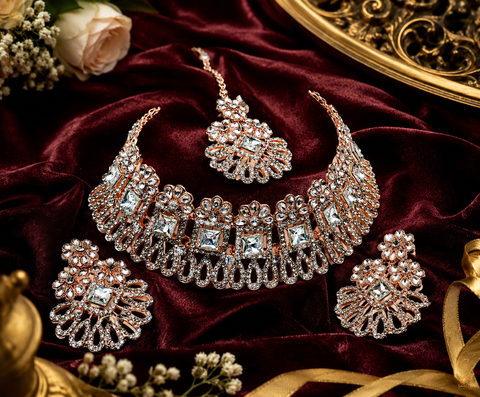 Rosegold & Silver Jerkan Stone Beautiful Necklace Set ( slight variations in color and design is possible)