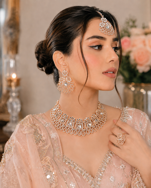 Rosegold & Silver Jerkan Stone Beautiful Necklace Set ( slight variations in color and design is possible)