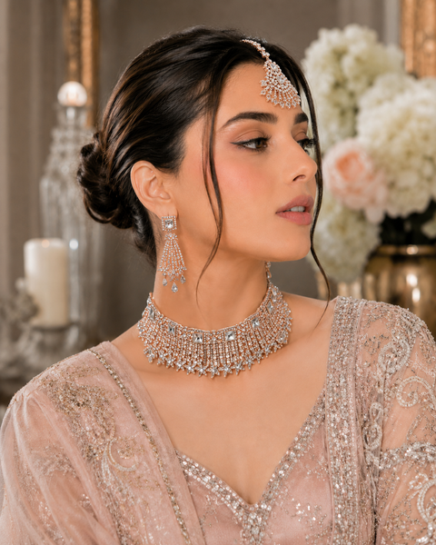 Rosegold & Silver Jerkan Stone Beautiful Necklace Set ( slight variations in color and design is possible)
