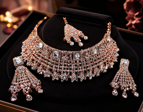 Rosegold & Silver Jerkan Stone Beautiful Necklace Set ( slight variations in color and design is possible)