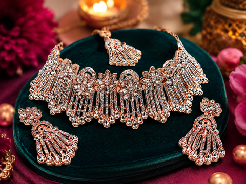 Rosegold & Silver Jerkan Stone Beautiful Necklace Set ( slight variations in color and design is possible)