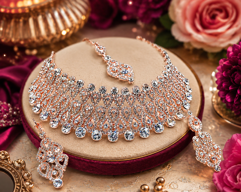 Rosegold & Silver Jerkan Stone Beautiful Necklace Set ( slight variations in color and design is possible)