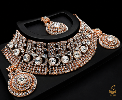 Rosegold & Silver Jerkan Stone Beautiful Necklace Set ( slight variations in color and design is possible)