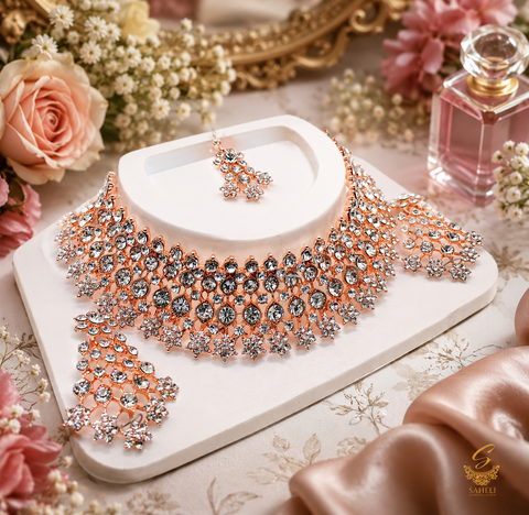 Rosegold & Silver Jerkan Stone Beautiful Necklace Set ( slight variations in color and design is possible)