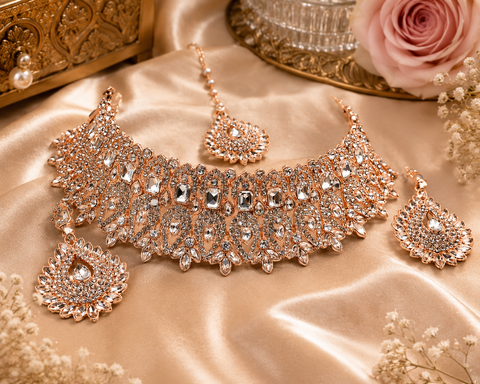 Rosegold & Silver Jerkan Stone Beautiful Necklace Set (slight variation in color and design is possible)