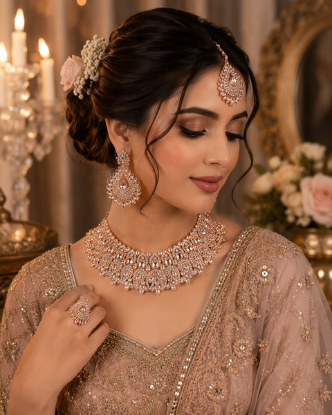 Rosegold & Silver Jerkan Stone Beautiful Necklace Set (slight variation in color and design is possible)