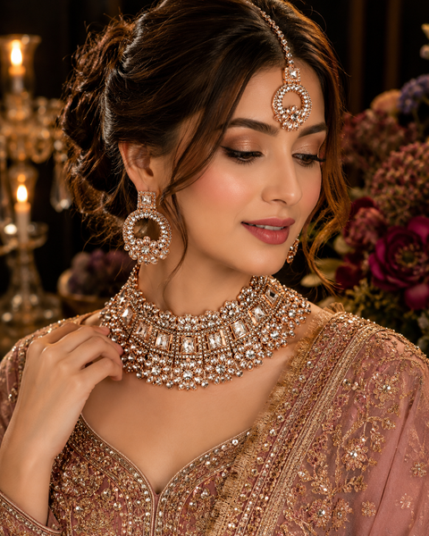 Rosegold & Silver Jerkan Stone Beautiful Necklace Set (slight variation in color and design is possible)