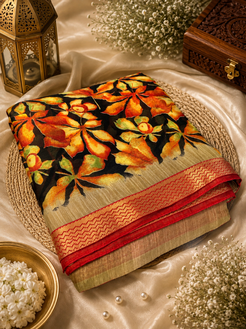 Pure Georgette based floral print soft saree with beautiful border The Blouse Worn By The Model Is For Reference Purposes Only. The Blouse Piece Is Attached Separately With The Saree. Slight Variation In Color And Design May Occur.