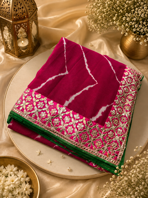 Soft georgette based lehariya print sarees with gotta patti and sequined work border. Blouse Worn By The Model Is For Reference Purposes Only. The Blouse Piece Is Attached Separately With The Saree. Slight Variation In Color And Design May occur