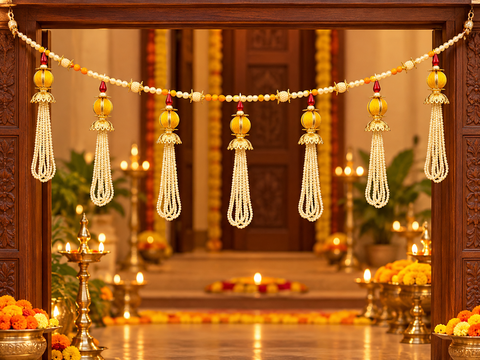 Festive Diwali Door Toran – Beautifully designed with colourful pom-poms, pearl detailing and elegant golden hanging accents. Slight variation in colour and design may occur