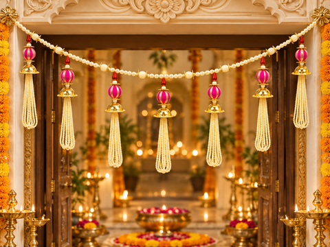 Festive Diwali Door Toran – Beautifully designed with colourful pom-poms, pearl detailing and elegant golden hanging accents. Slight variation in colour and design may occur