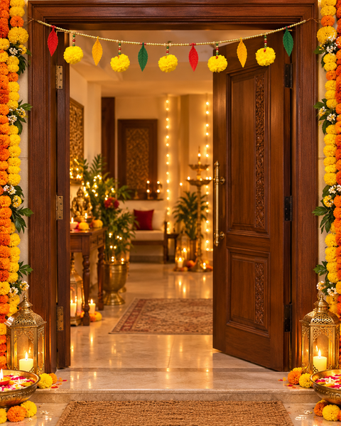 Festive Diwali Door Toran – Beautifully designed with colourful pom-poms, pearl detailing and elegant golden hanging accents. Slight variation in colour and design may occur