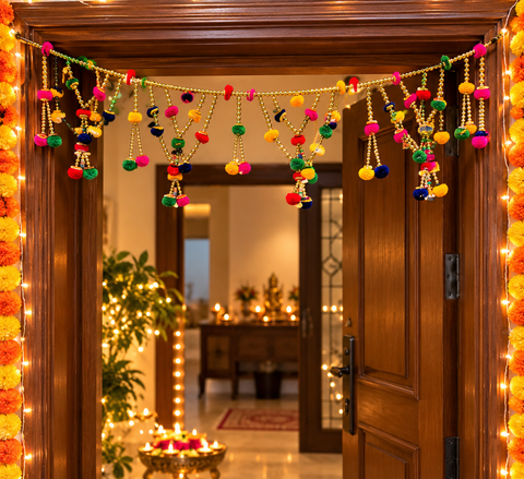 Festive Diwali Door Toran – Beautifully designed with colourful pom-poms, pearl detailing and elegant golden hanging accents. Slight variation in colour and design may occur