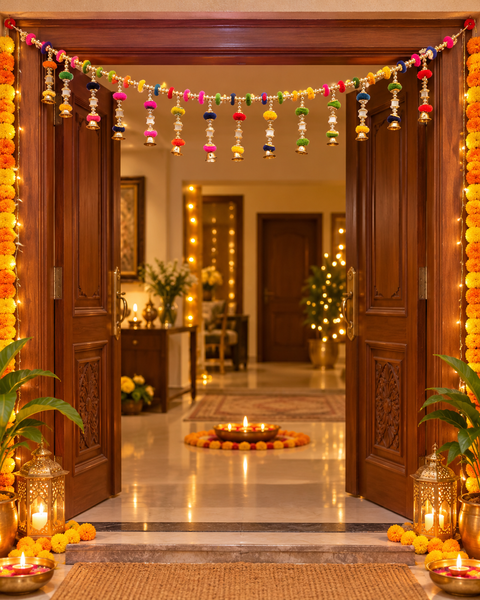 Festive Diwali Door Toran – Beautifully designed with colourful pom-poms, pearl detailing and elegant golden hanging accents. Slight variation in colour and design may occur