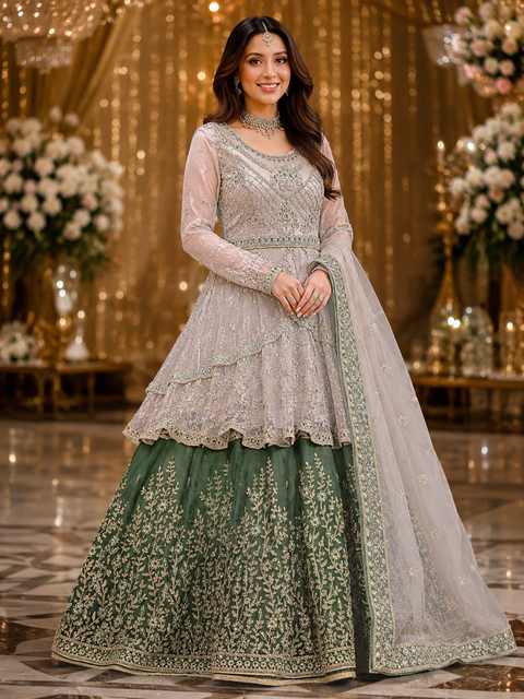 Netting based Golden stones and embroidery work all over front & back of kameez & long Jacket with stone work and beautiful lehnga & netting dupatta (Size 42 and can be altered upto 44) ( slight variations in color and design is possible)