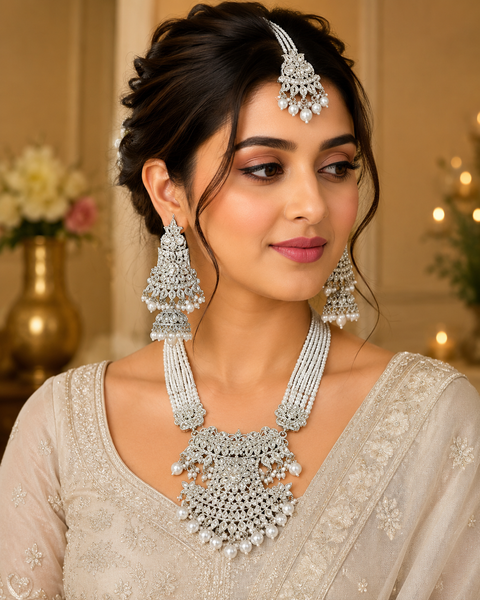 Silver Pearls Work With Kundan Stone Beautiful Rani Haar /Long Necklace Set With Beautiful Earrings (slight variations in color and design is possible)