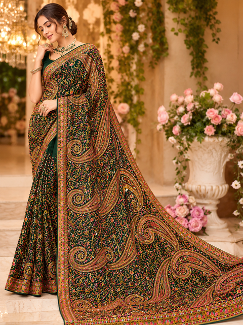 Green color Pure Georgette Chiffon Based Multicoloured Embroidery Work Jaal All Over With Stone Work Beautiful Saree.Comes with matching blouse piece. Model blouse is shown for reference purpose only. Slight variation in color and design may occur