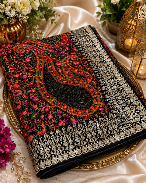Black color Pure Georgette Chiffon Based Multicoloured Embroidery Work Jaal All Over With Stone Work Beautiful Saree.Comes with matching blouse piece. Model blouse is shown for reference purpose only. Slight variation in color and design may occur