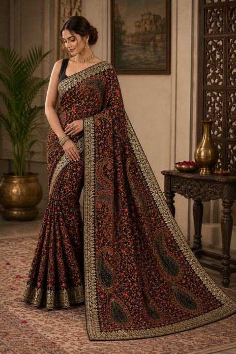 Black color Pure Georgette Chiffon Based Multicoloured Embroidery Work Jaal All Over With Stone Work Beautiful Saree.Comes with matching blouse piece. Model blouse is shown for reference purpose only. Slight variation in color and design may occur