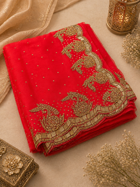 Elegant Handwork Saree featuring intricate stone work and detailed craftsmanship throughout. Comes with an attached matching blouse piece. Model blouse is for reference purpose only. Slight colour and design variations may occur.