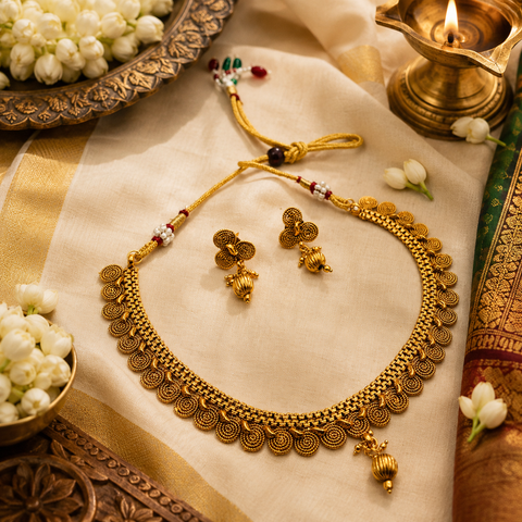 small size beautiful gold plated (artificial) necklace set (slight variations in color and design is possible)