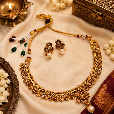 Small size beautiful gold plated (artificial) necklace set (slight variations in color and design is possible)