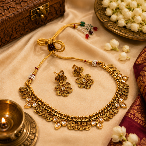 small size beautiful gold plated (artificial) necklace set with polki stone (slight variations in color and design is possible)