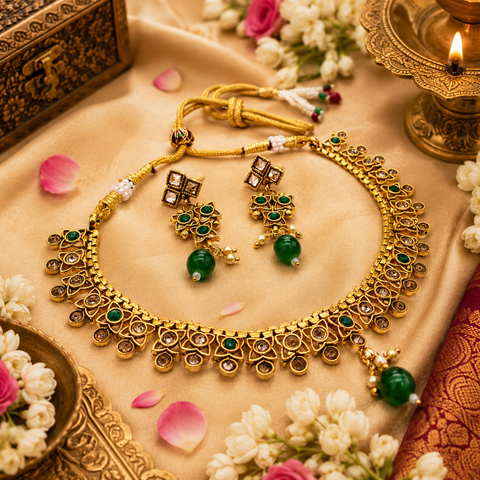 small size beautiful gold plated (artificial) necklace set with polki stone (slight variations in color and design is possible)