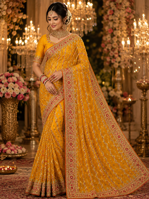Beautiful Bridal Saree featuring intricate hand embroidery, rich gold zari work and sparkling stone embellishments. ✨Model blouse is for reference only. Blouse piece is attached with the saree. Slight variation in colour and design may occur.
