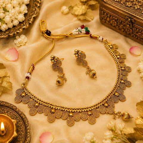 small size beautiful gold plated (artificial) necklace set (slight variations in color and design is possible)