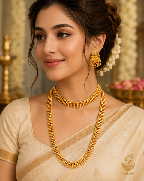 South indian double long necklace gold plated set (artificial gold) (slight variations in color and design is possible)