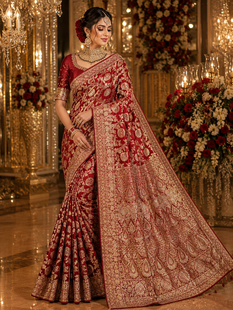 Luxurious Banarasi Silk Saree with rich zari weaving and elegant stone work on the pallu. Comes with an attached blouse piece. Model image is for reference only; slight variation in color and design may occur.