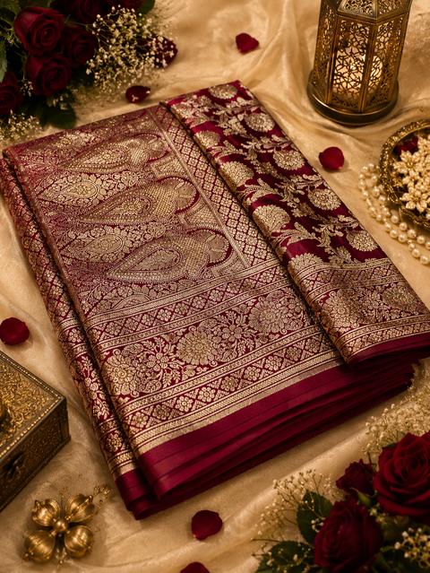 Luxurious Banarasi Silk Saree with rich zari weaving and elegant stone work on the pallu. Comes with an attached blouse piece. Model image is for reference only; slight variation in color and design may occur.