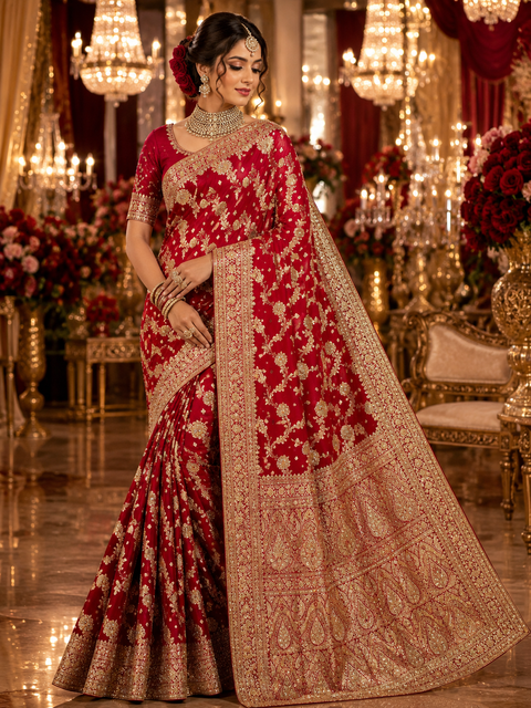 Luxurious Banarasi Silk Saree with rich zari weaving and elegant stone work on the pallu. Comes with an attached blouse piece. Model image is for reference only; slight variation in color and design may occur.
