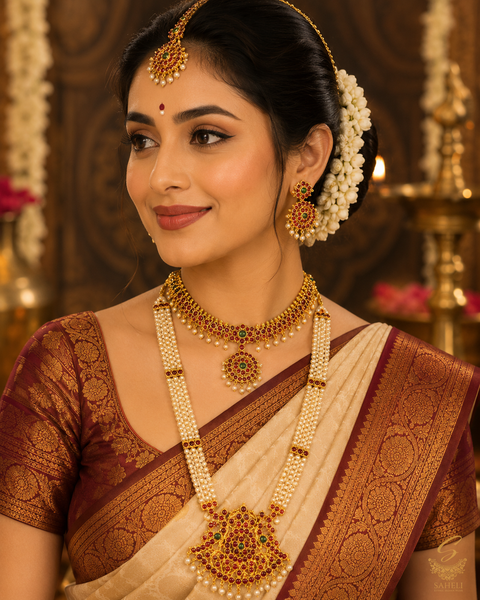 South indian bharatnatyam jwellery set (artificial gold) (slight variations in color and design is possible)