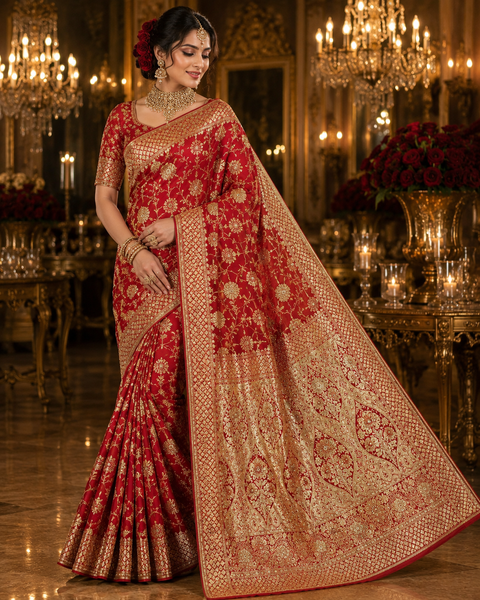 Luxurious Banarasi Silk Saree with rich zari weaving and elegant stone work on the pallu. Comes with an attached blouse piece. Model image is for reference only; slight variation in color and design may occur.
